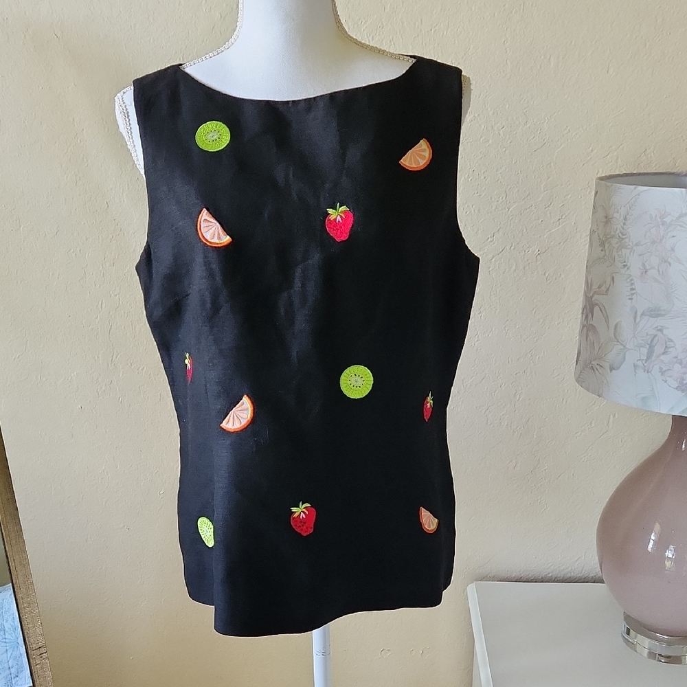 *Annie Alexander Vintage Linen Blend Summer Tank Embroidery Fruits 12